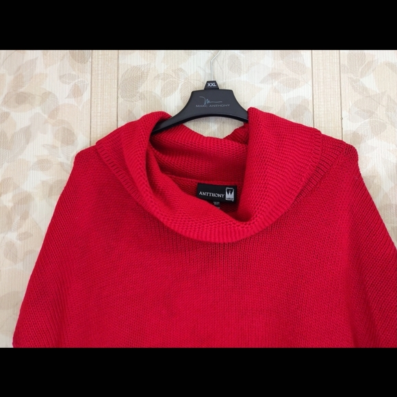 Original Antthony Button Side Fringe Chunky Cowl Neck Red Tight Knit Poncho - Picture 2 of 7